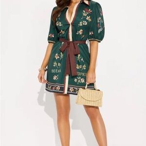 Green Floral Tie-Waist Mini Dress